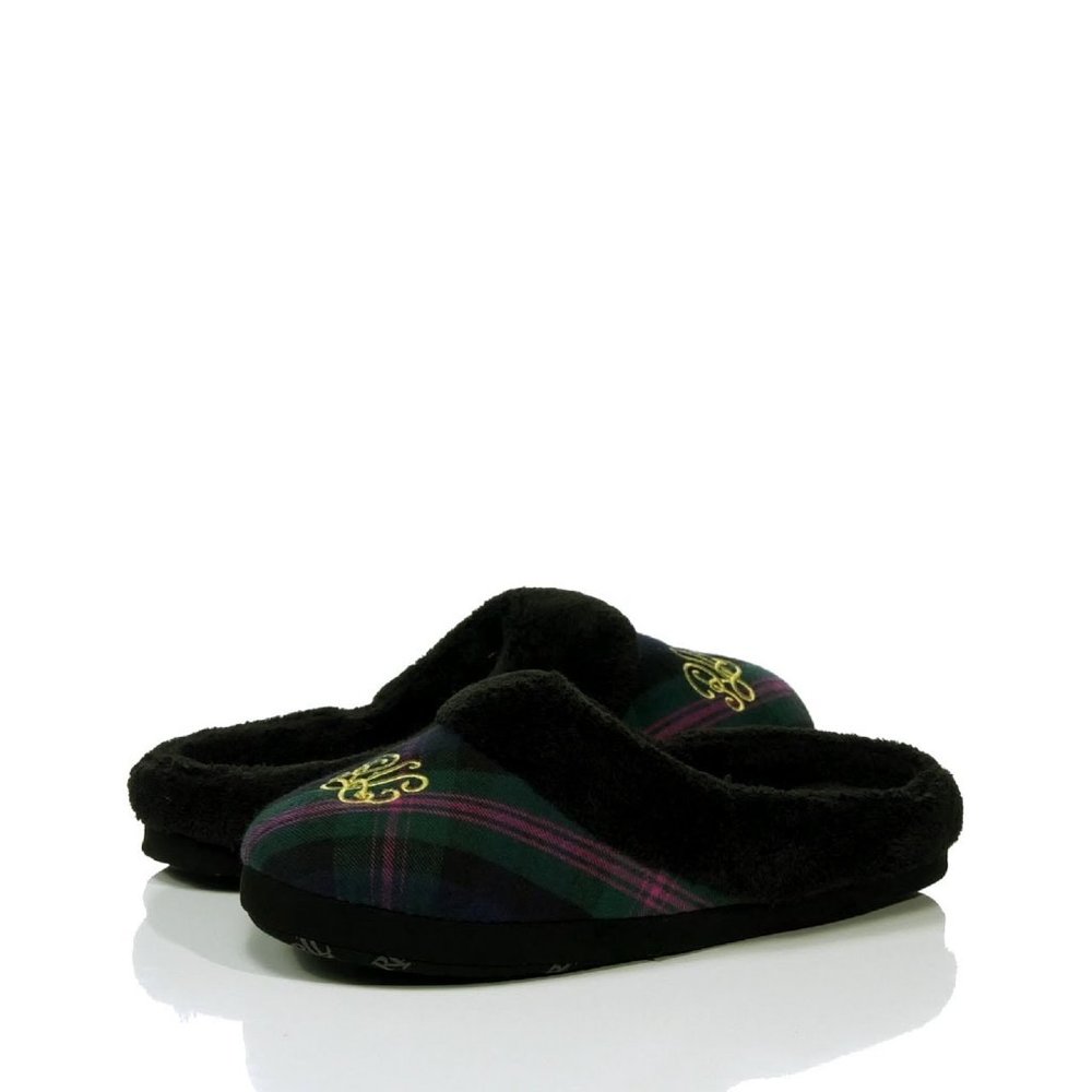 new in pkg Ralph Lauren Green Tartan Holiday House Slippers - Women's Size SMALL
